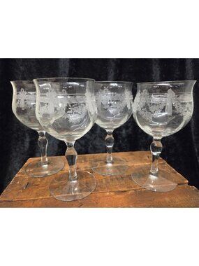 4 Antique Etched Glass Floral & Bow Garland Goblets Louis XVI